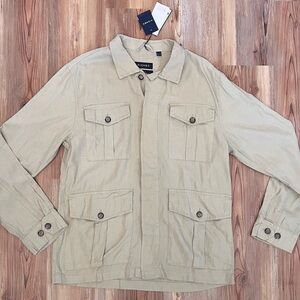 Men’s Large Light Tan Button Down Cargo Shirt / Jacket Flax Linen & Viscose